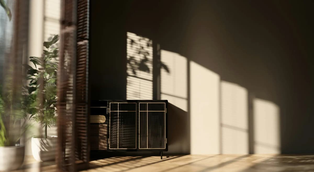 Late sun falling through shutters into a quiet room