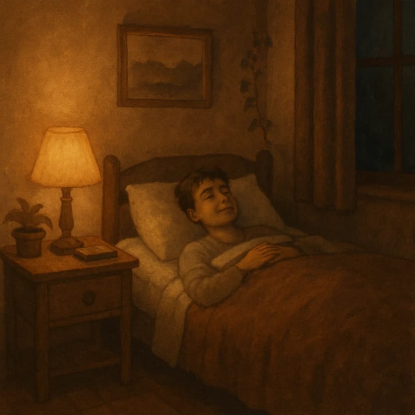 A cozy, dimly lit bedroom with a person looking relaxed in bed, symbolizing the transition from a racing mind to peaceful rest.