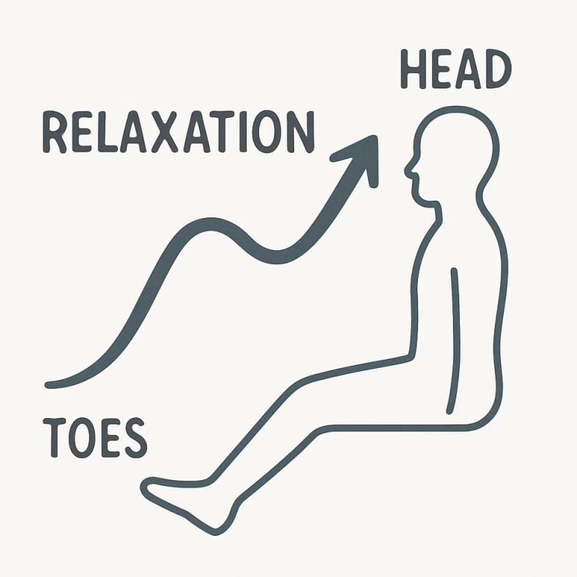 A simplified diagram showing the flow of relaxation from the toes up to the head, emphasizing a wave-like motion.