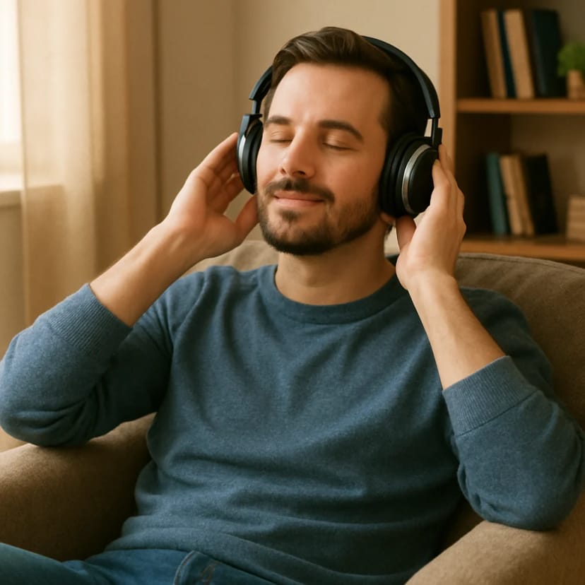 A person relaxing in a comfortable home armchair wearing high-quality headphones, looking peaceful with eyes closed.