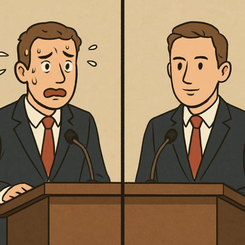 A split-screen visual showing a person looking nervous at a podium on the left and the same person looking calm and focused at the same podium on the right.