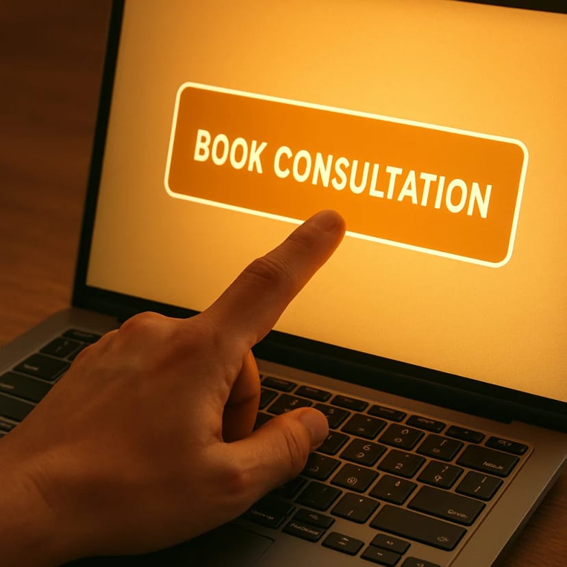 A close-up of a hand clicking a 'Book Consultation' button on a laptop, with a warm, encouraging glow on the screen.
