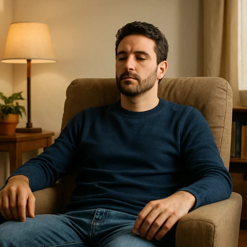 A person sitting in a comfortable armchair looking deeply relaxed and focused.