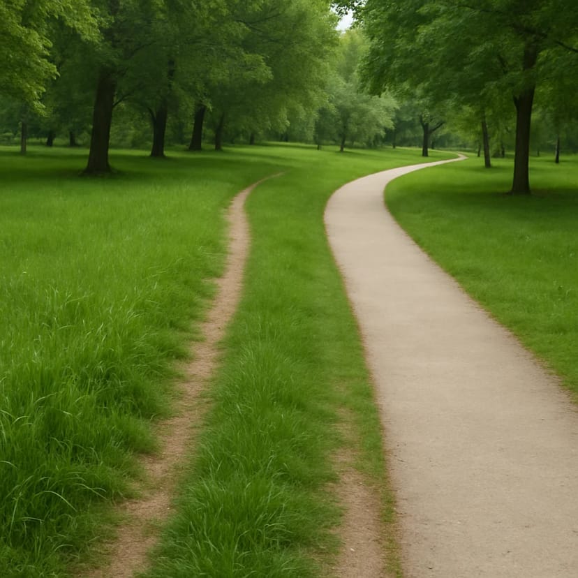 A path in a park with one side overgrown with grass and a new, clear path forming next to it.
