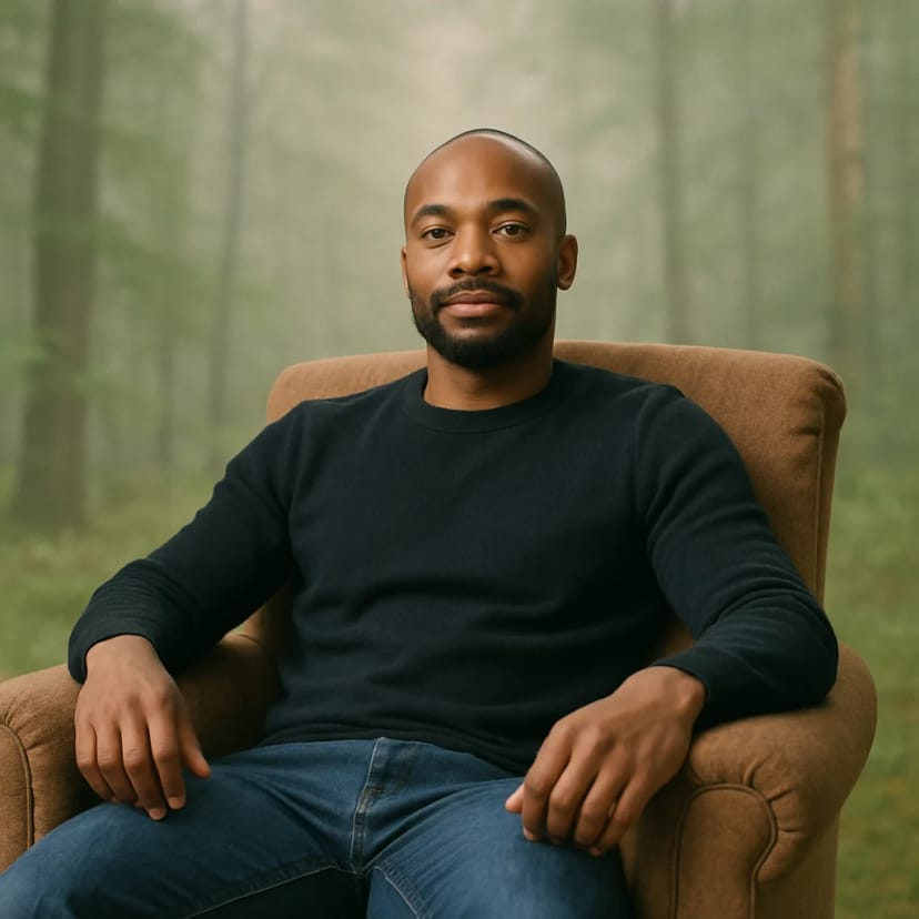 A person sitting in a comfortable armchair looking relaxed and empowered, with a faint, soft-focus background of a peaceful forest.