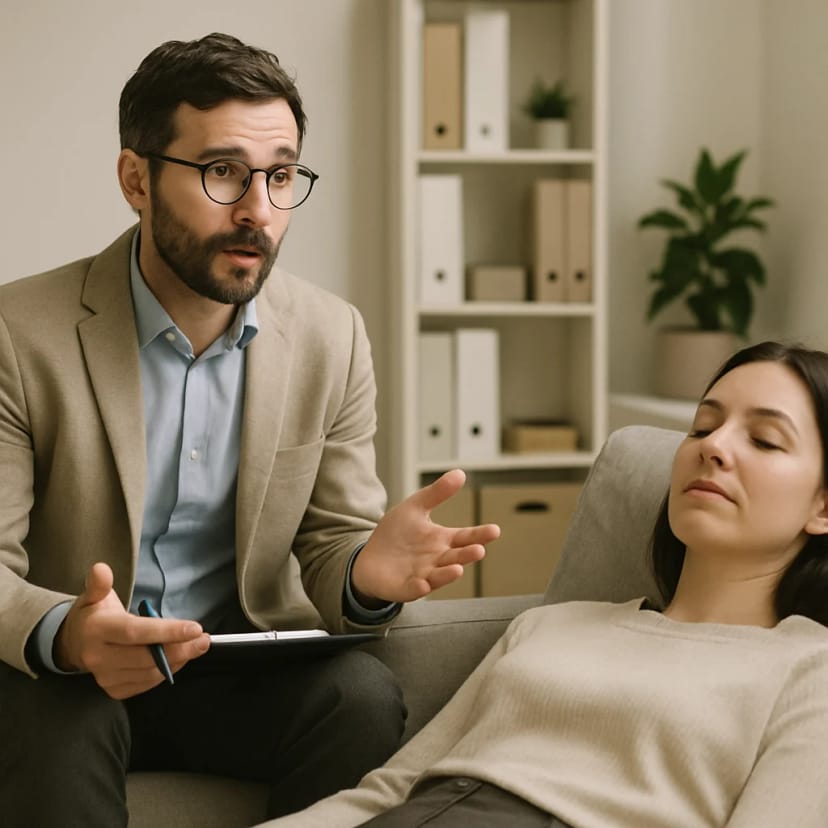 A professional therapist speaking calmly to a client who is resting with eyes closed, emphasizing a safe, clinical environment.