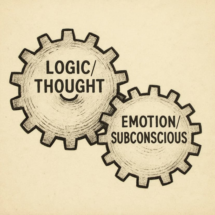 Two interlocking gears, one labeled 'Logic/Thought' and the other 'Emotion/Subconscious,' illustrating how they work together.