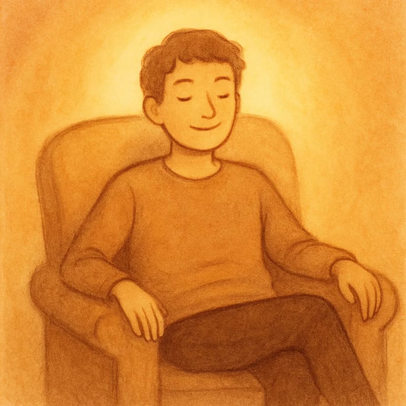 A person sitting in a comfortable armchair looking relaxed with a soft, warm glow around them to represent peace.