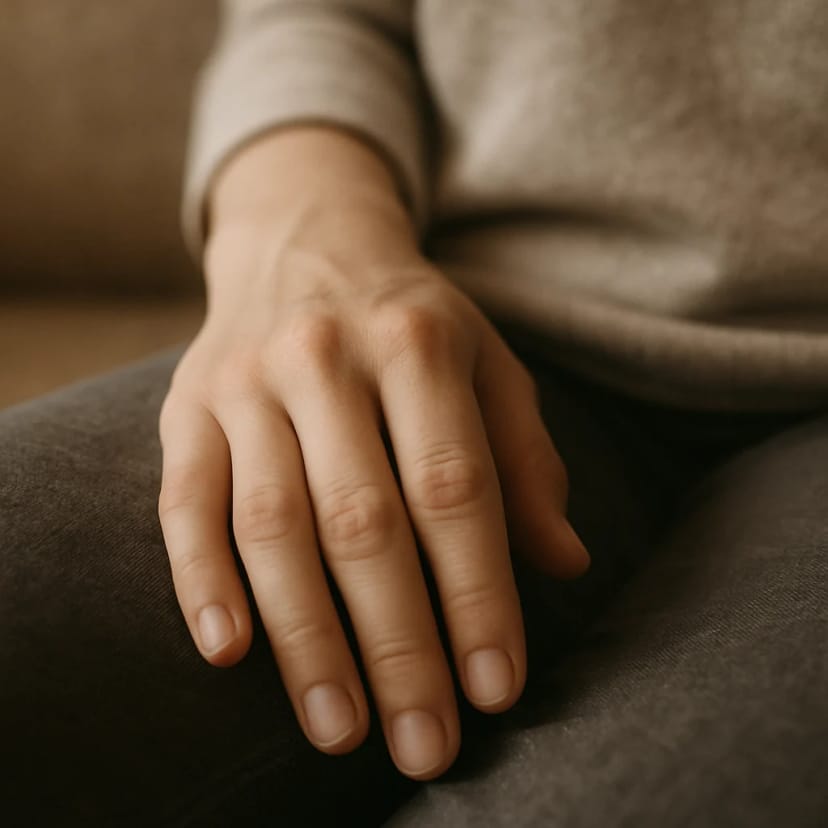 A close-up of a person's hand resting calmly on their lap, symbolizing the grounding effect of relaxation.