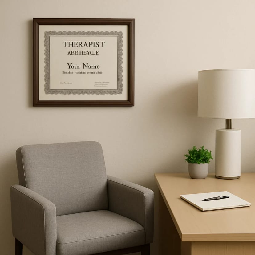 A professional office setting showing a therapist certificate hanging on a wall next to a tidy consultation chair.