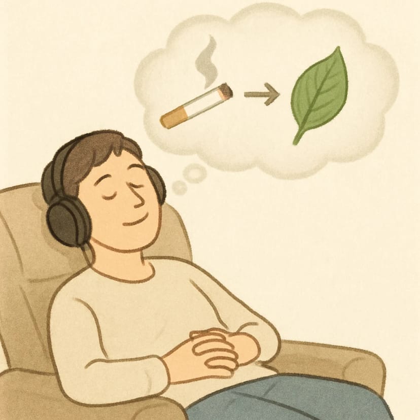 A person relaxing in a comfortable chair with headphones on, looking peaceful, with a faint, soft-focus 'thought bubble' above them showing a lit cigarette transforming into a clean, green leaf.