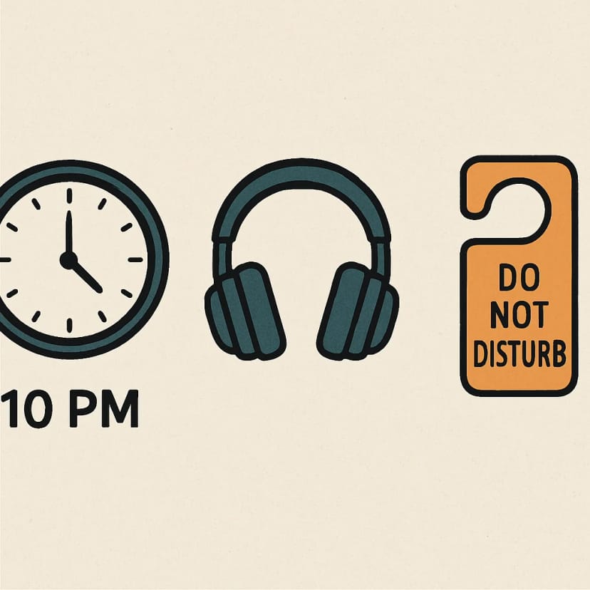 A simple infographic showing a clock at 10 PM, a pair of noise-canceling headphones, and a 'Do Not Disturb' sign on a door.