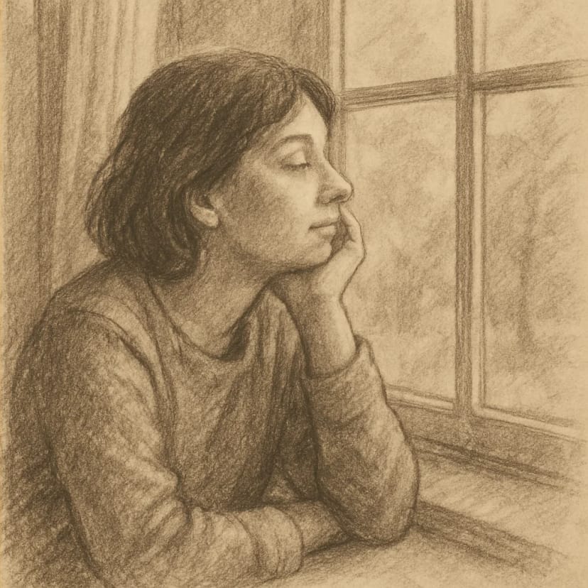 A person looking out a window in a relaxed, daydreaming state to illustrate the naturalness of trance.
