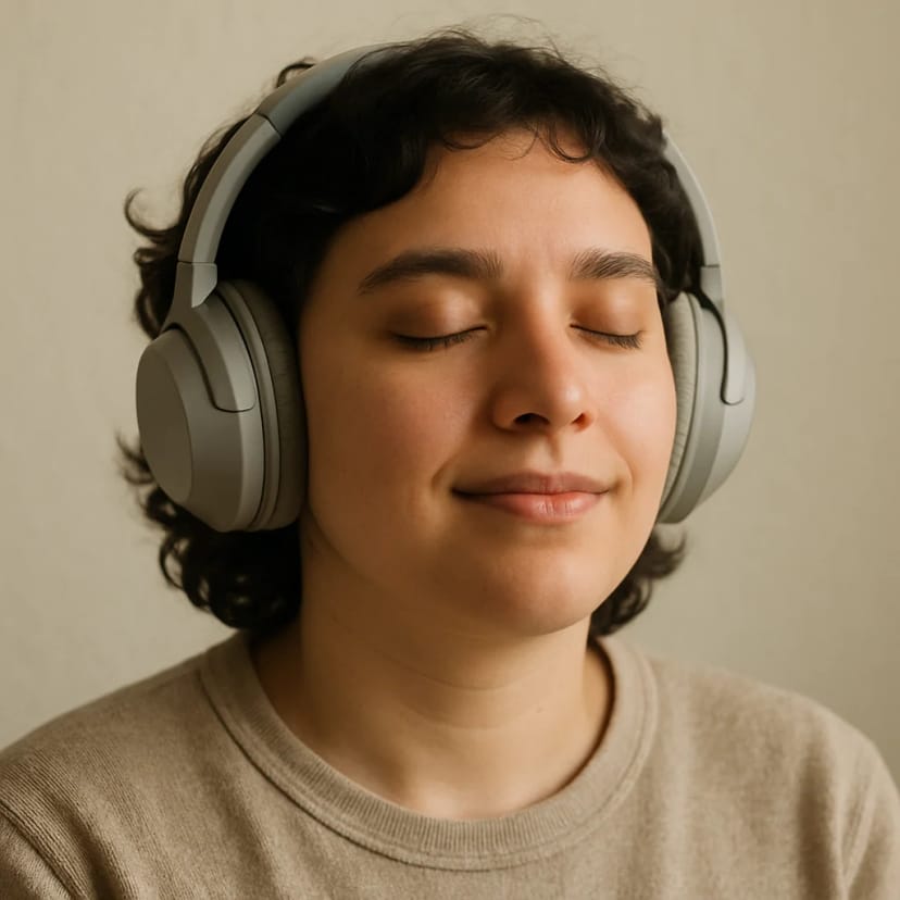 A person wearing comfortable noise-canceling headphones, looking peaceful and relaxed.