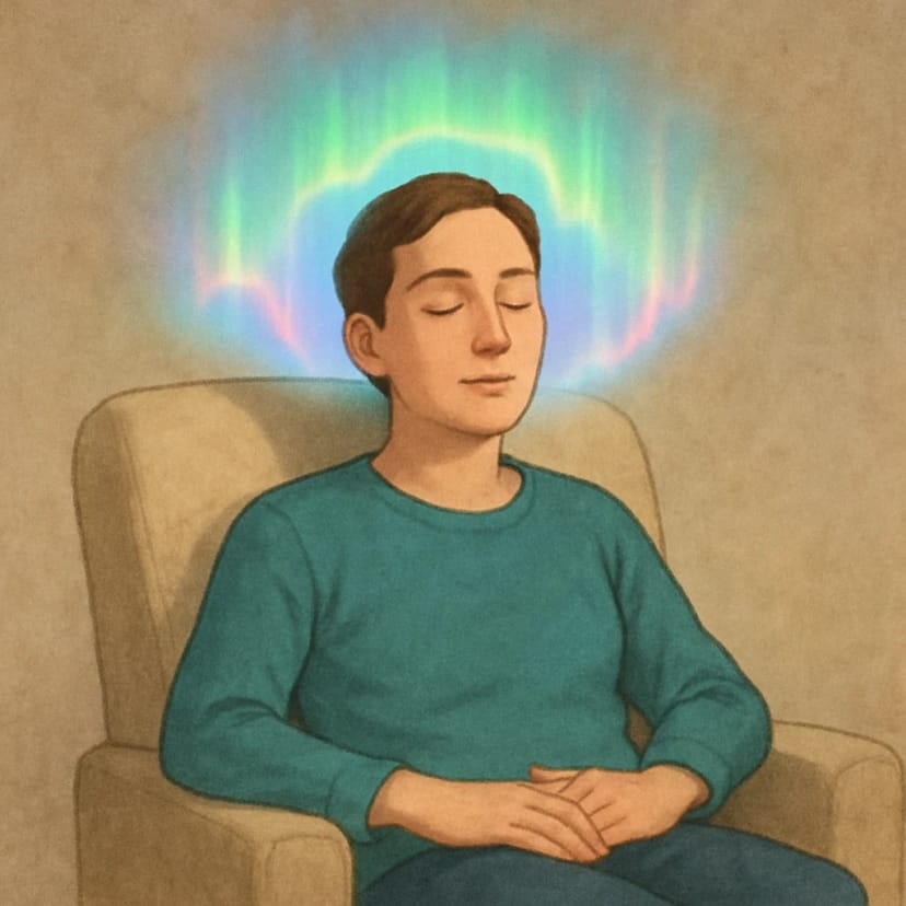 A person sitting comfortably in a chair with eyes closed, looking relaxed and peaceful, with a soft 'aurora' light effect around the head to symbolize mental focus.