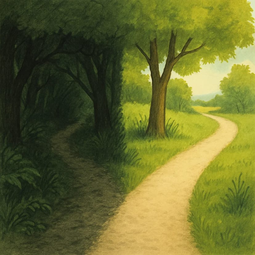 A visual metaphor of a dark, overgrown forest path next to a new, sunlit, clear gravel path to represent habit change.