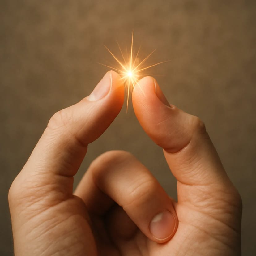 A close-up of a hand with the thumb and index finger touching, with a small glowing spark between them to symbolize a mental trigger.