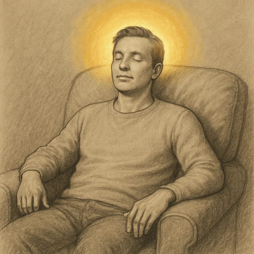 A person sitting comfortably in a soft armchair with their eyes closed, looking deeply relaxed, with a soft golden glow around their head to represent mental focus.
