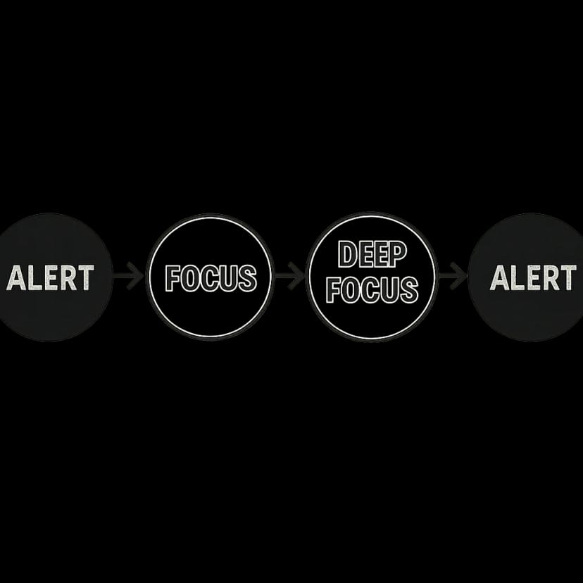 A simple four-step horizontal progress bar graphic showing the transition from 'Alert' to 'Deep Focus' back to 'Alert'.