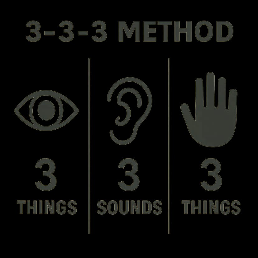 A simple infographic showing the '3-3-3' method with icons for an eye, an ear, and a hand.