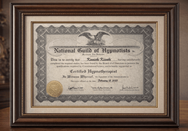 Framed National Guild of Hypnotists certificate registering Kunichi Kisaki as a Certified Hypnotherapist, dated February 13, 2025